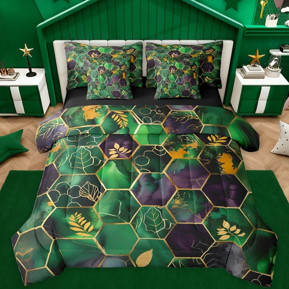 Feelyou Chic Fashion Honeycomb Twin Bedding Sets 7-Piece, Green Art Abstract Ombre Bedding Comforter Set, Leaf Plant Botanical Reversible Sheet Sets, Ultra Soft Bedroom Decor