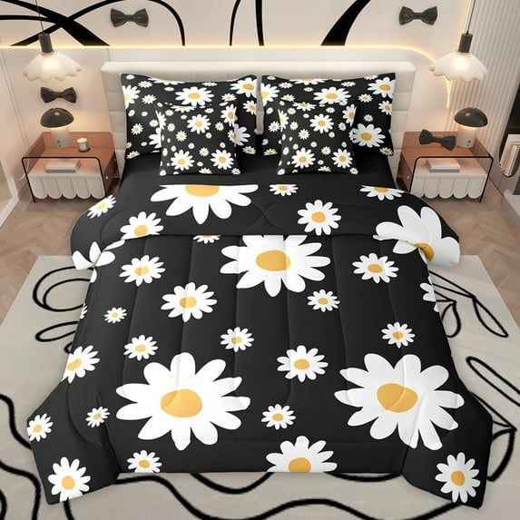 Feelyou Chic Flower Floral Bedding Comforter Set 7pcs for Women, Vibrant Groovy Daisy King Bedding Sets, Vintage Fashion Style Reversible Bed Sheets, Breathable Home Decor