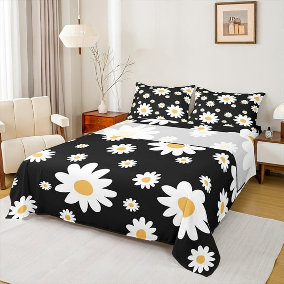 Feelyou Chic Flower Floral Full Size Sheets for Women, Vibrant Groovy Daisy Bed Sheets, Vintage Fashion Style Sheet Sets, Breathable Home Decor, 4-Piece