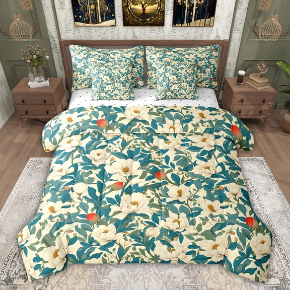 Feelyou Chic Flower Floral Twin Bedding Sets 7-Piece, Western Plant Botanical Bedding Comforter Set, Simple French Fashion Reversible Sheet Sets, Breathable Home Decor