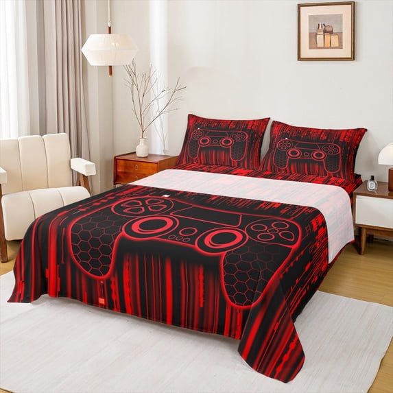 Feelyou Chic Game Console Bed Sheets for Kids, Cartoon Gamepad Lover King Sheets, Fashion Red Square Abstract Sheet Set, Luxury Bedroom Decor, 4 Pieces