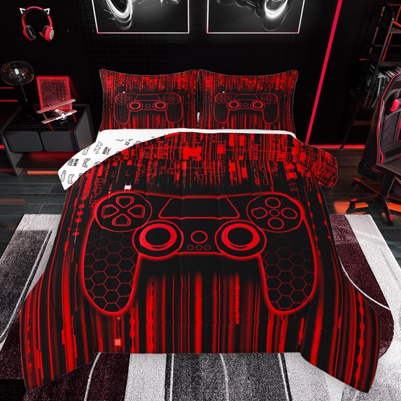Feelyou Chic Game Console Bedding Comforter Set for Kids, Cartoon Gamepad Lover Twin Comforter Sets, Fashion Red Square Abstract Reversible Bedding Set, Luxury Bedroom Decor, 2 Pieces