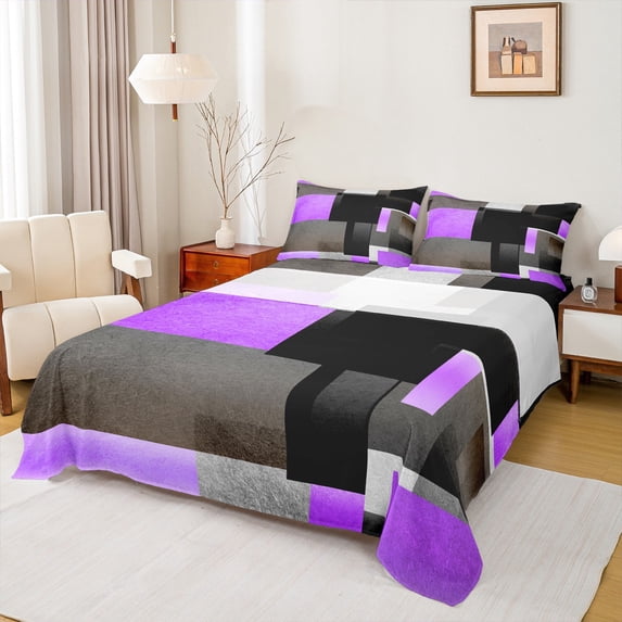 Feelyou Chic Geometric Abstract Bed Sheets, Purple Square Rectangle King Sheets, Teen Kid Child Adult Sheet Set, Ultra Soft Home Decor, 4pcs