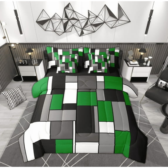 Feelyou Chic Geometric Abstract Bedding Comforter Set 7 Pieces, Green Square Rectangle Full Bedding Set, Teen Kid Child Adult Reversible Fitted Sheet Flat Sheet, Lightweight Room Decor
