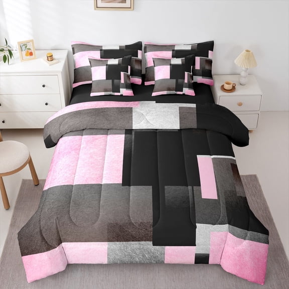 Feelyou Chic Geometric Abstract Bedding Comforter Set 7pcs, Pink Square Rectangle Queen Bedding Sets, Teen Kid Child Adult Reversible Queen Sheet Sets, Breathable Home Decor