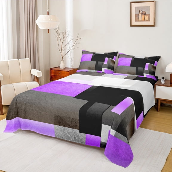Feelyou Chic Geometric Abstract Queen Sheet Sets, Purple Square Rectangle Flat Sheet, Teen Kid Child Adult Queen Fitted Sheet, Ultra Soft Home Decor, 4pcs