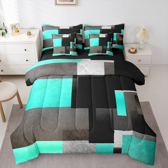 Feelyou Chic Geometric Abstract Twin Bedding Sets 7-Piece, Cyan Square Rectangle Bedding Comforter Set, Teen Kid Child Adult Reversible Sheet Sets, Breathable Home Decor
