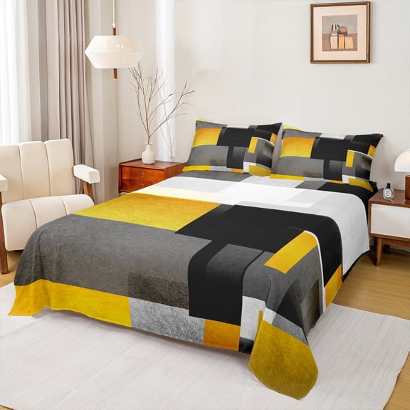 Feelyou Chic Geometric Abstract Twin Sheet Sets, Orange Square Rectangle Twin Fitted Sheet, Teen Kid Child Adult Flat Sheet, Ultra Soft Home Decor, 3pcs