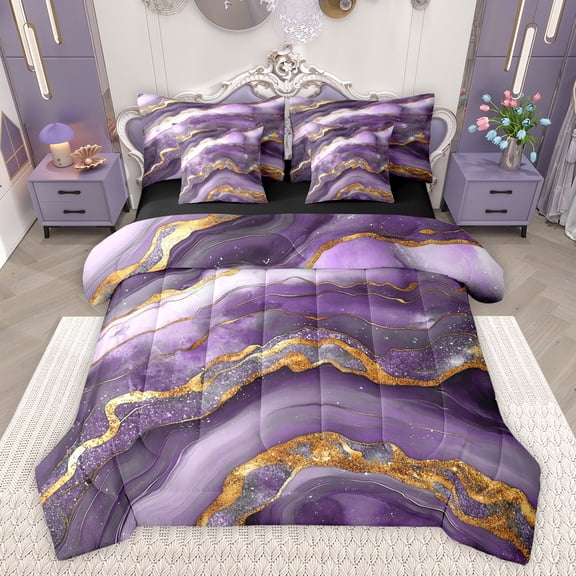 Feelyou Chic Glitter Marble Bedding Comforter Set 7pcs, Abstract Ombre Plum King Bedding Sets, Fashion Marbling Theme Reversible Bed Sheets, Super Cozy Room Decor