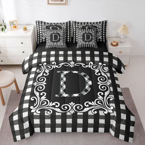 Feelyou Chic Letter A Twin Bedding Sets 7-Piece for Kids, Black White Buffalo Plaid Bedding Comforter Set, Retro Damask Floral Reversible Sheet Sets, Lightweight Room Decor