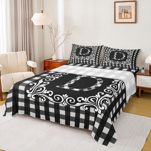 Feelyou Chic Letter A Twin Sheet Sets for Kids, Black White Buffalo Plaid Twin Fitted Sheet, Retro Damask Floral Flat Sheet, Lightweight Room Decor, 3-Piece
