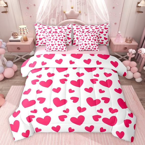 Feelyou Chic Love Heart Bedding Comforter Set 7pcs for Kid, Abstract Grey Queen Bedding Sets, Modern Fashion Cartoon Reversible Queen Sheet Sets, Lightweight Room Decor