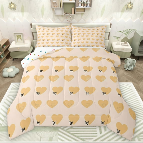 Feelyou Chic Love Heart Bedding Comforter Set for Kid, Orange Cartoon Bow Twin Comforter Sets, Modern Fashion Bowknot Reversible Bedding Set, Lightweight Room Decor, 2pcs