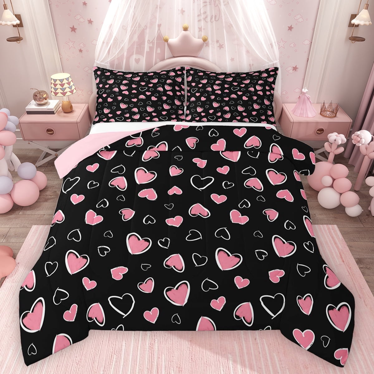 Feelyou Chic Love Heart Full Size Comforter Sets for Kid, Abstract Grey Bedding Comforter Set, Modern Fashion Cartoon Reversible Bedding Sets, Breathable Home Decor, 3-Piece