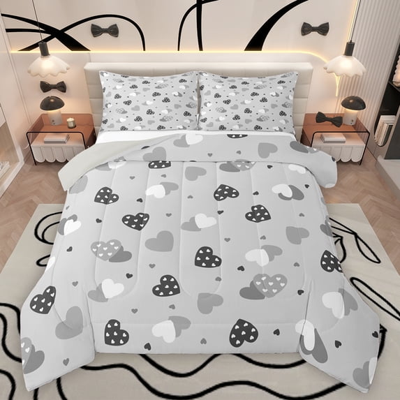 Feelyou Chic Love Heart Queen Comforter Set for Kid, Abstract Grey Bedding Sets, Modern Fashion Cartoon Reversible Bedding Comforter Set, Breathable Home Decor, 3pcs