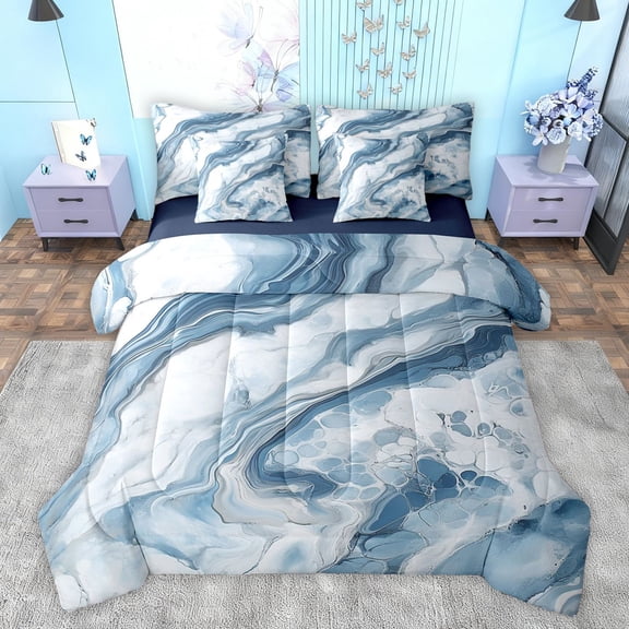Feelyou Chic Marble Blue Bedding Comforter Set 7pcs, Modern Fashion Abstract King Bedding Sets, Artwork Marbling Reversible Bed Sheets, Ultra Soft Bedroom Decor