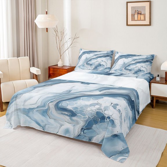 Feelyou Chic Marble Blue Twin Sheet Sets, Modern Fashion Abstract Twin Fitted Sheet, Artwork Marbling Flat Sheet, Ultra Soft Bedroom Decor, 3-Piece