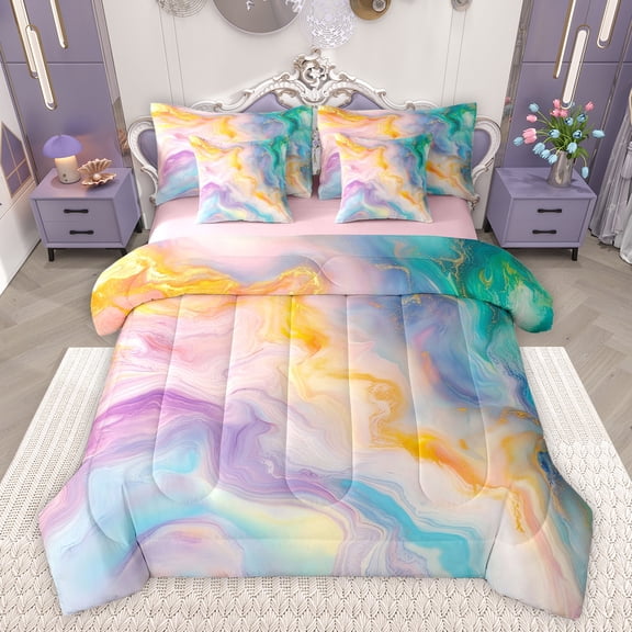 Feelyou Chic Marble Stripes Bedding Comforter Set 7pcs, Modern Fashion Abstract Queen Bedding Sets, Artwork Marbling Reversible Queen Sheet Sets, Super Cozy Room Decor
