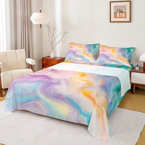 Feelyou Chic Marble Stripes Queen Sheet Sets, Modern Fashion Abstract Flat Sheet, Artwork Marbling Queen Fitted Sheet, Super Cozy Room Decor, 4pcs