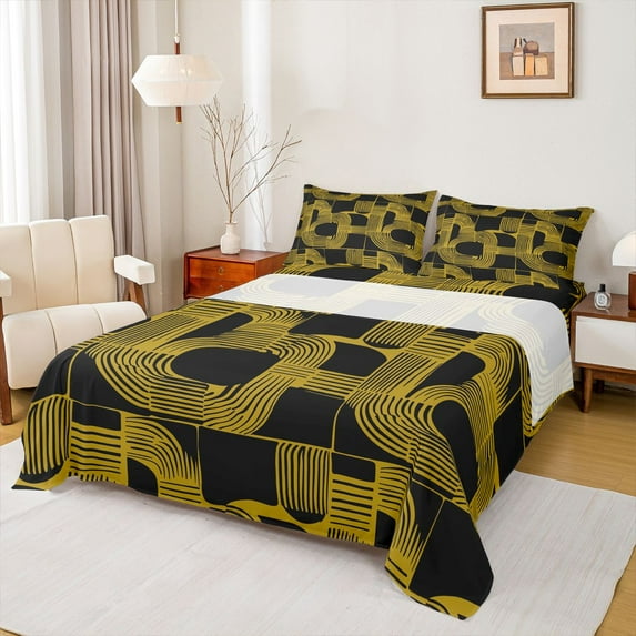 Feelyou Chic Minimalism Teens Bed Sheets, Abstract Line Black Gold King Sheets, Mid Century Fashion Sheet Set, Breathable Home Decor, 4pcs