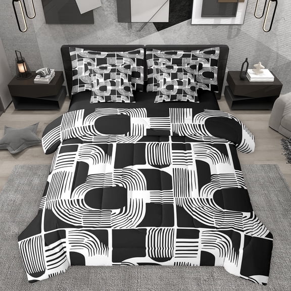 Feelyou Chic Minimalism Teens Bedding Comforter Set 7pcs, Abstract Black White King Bedding Sets, Mid Century Fashion Reversible Bed Sheets, Breathable Home Decor