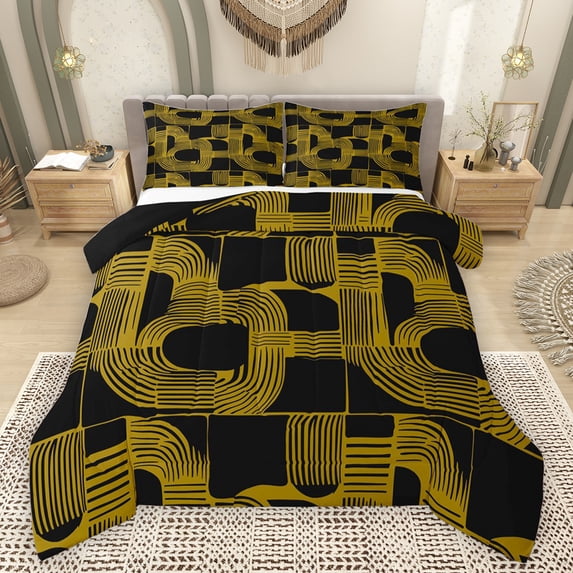 Feelyou Chic Minimalism Teens Queen Comforter Set, Abstract Line Black Gold Bedding Sets, Mid Century Fashion Reversible Bedding Comforter Set, Breathable Home Decor, 3pcs