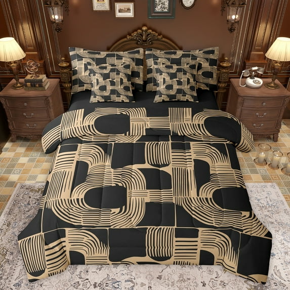 Feelyou Chic Minimalism Teens Twin Bedding Sets 7-Piece, Abstract Ombre Black Brown Bedding Comforter Set, Vintage Fashion Style Reversible Sheet Sets, Ultra Soft Bedroom Decor