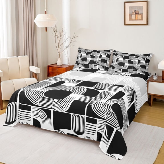 Feelyou Chic Minimalism Teens Twin Sheet Sets, Abstract Black White Twin Fitted Sheet, Mid Century Fashion Flat Sheet, Breathable Home Decor, 3pcs