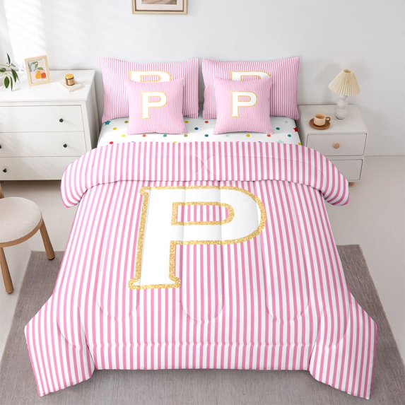 Feelyou Chic Monogrammed P Twin Bedding Sets 7-Piece, Glitter Sequin Print Bedding Comforter Set, Teens Kids Girls Women Reversible Sheet Sets, Lightweight Room Decor