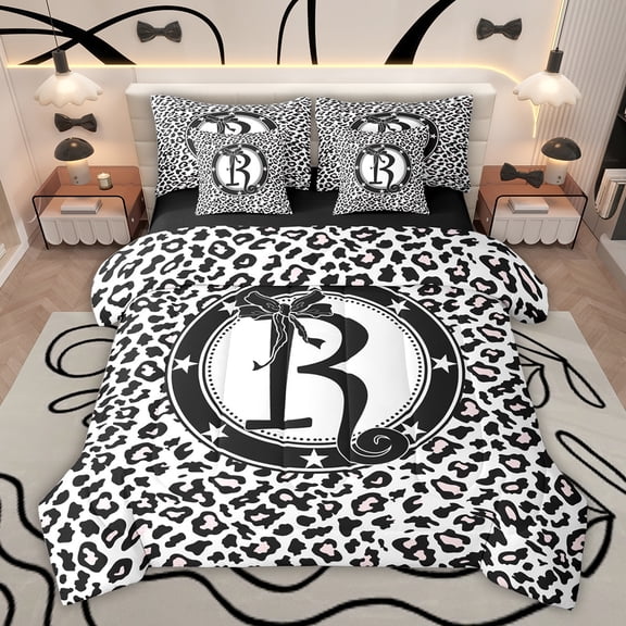 Feelyou Chic Monogrammed R Bedding Comforter Set 7pcs, Wildlife Leopard Print King Bedding Sets, Modern Princess Black Bowknot Reversible Bed Sheets, Luxury Bedroom Decor