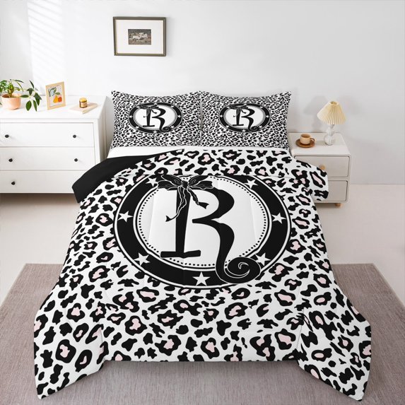 Feelyou Chic Monogrammed R Bedding Comforter Set, Wildlife Leopard Print Twin Comforter Sets, Modern Princess Black Bowknot Reversible Bedding Set, Luxury Bedroom Decor, 2-Piece