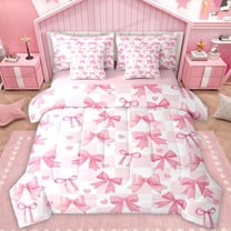 Feelyou Chic Pink Bowknot Twin Bedding Sets 7-Piece for Kids, Romantic Love Heart Bedding Comforter Set, Fashion Buffalo Plaid Reversible Sheet Sets, Ultra Soft Bedroom Decor