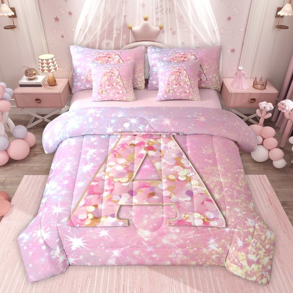 Feelyou Chic Pink Monogrammed A Bedding Comforter Set 7pcs, Glitter Mermaid Scale King Bedding Sets, Dreamy Princess Cartoon Reversible Bed Sheets, Breathable Home Decor