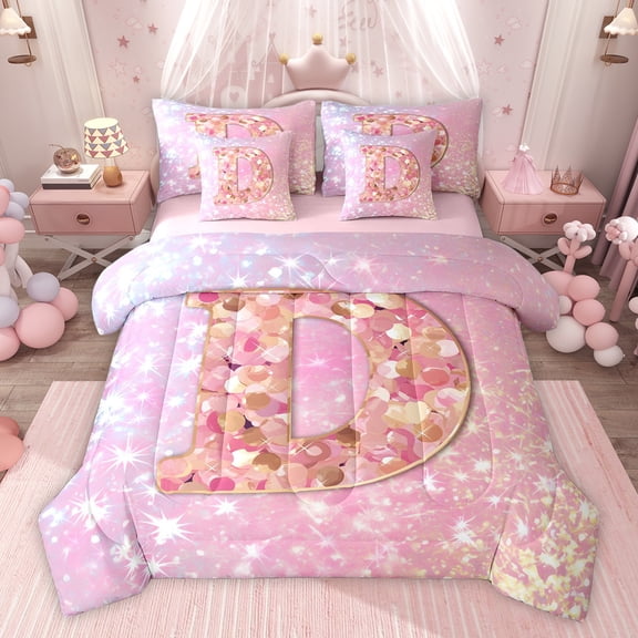 Feelyou Chic Pink Monogrammed D Bedding Comforter Set 7pcs, Glitter Mermaid Scale King Bedding Sets, Dreamy Princess Cartoon Reversible Bed Sheets, Lightweight Room Decor