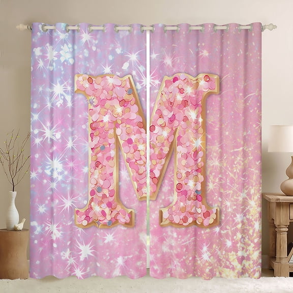 Feelyou Chic Pink Monogrammed M Black Out Curtains, Glitter Mermaid Scale Curtains Pack of 2 (42x63 Each), Dreamy Princess Cartoon Bedroom Curtains, Blackout Curtains Home Decor