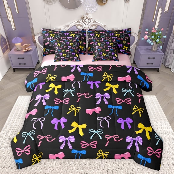 Feelyou Chic Princess Bow Twin Bedding Sets 7-Piece, Girly Cute Ribbon Bedding Comforter Set, Dreamy Princess Bowknot Reversible Sheet Sets, Luxury Bedroom Decor