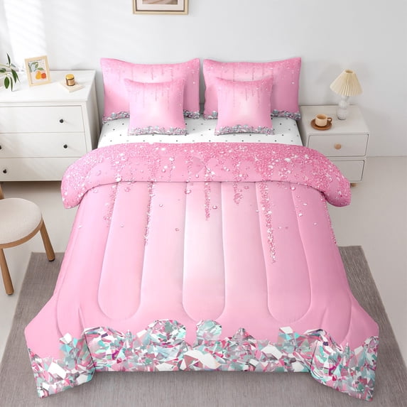 Feelyou Chic Princess Fashion Bedding Comforter Set 7-Piece, Glitter Sequin Print King Bedding Sets, Teen Adult Girl Female Bed Sheets, Breathable Home Decor