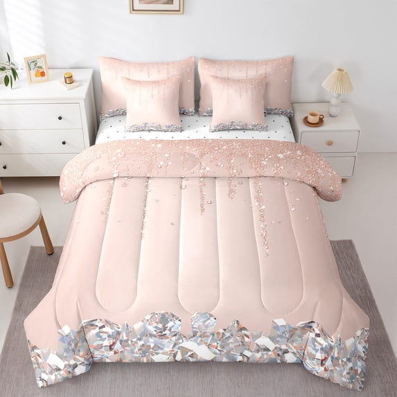 Feelyou Chic Princess Fashion Bedding Comforter Set 7-Piece, Glitter Sequin Print King Bedding Sets, Teen Adult Girl Female Bed Sheets, Ultra Soft Home Decor