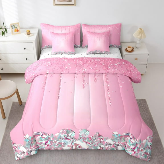 Feelyou Chic Princess Fashion Twin Bedding Sets 7-Piece, Glitter Sequin Print Bedding Comforter Set, Teen Adult Girl Female Sheet Sets, Breathable Home Decor