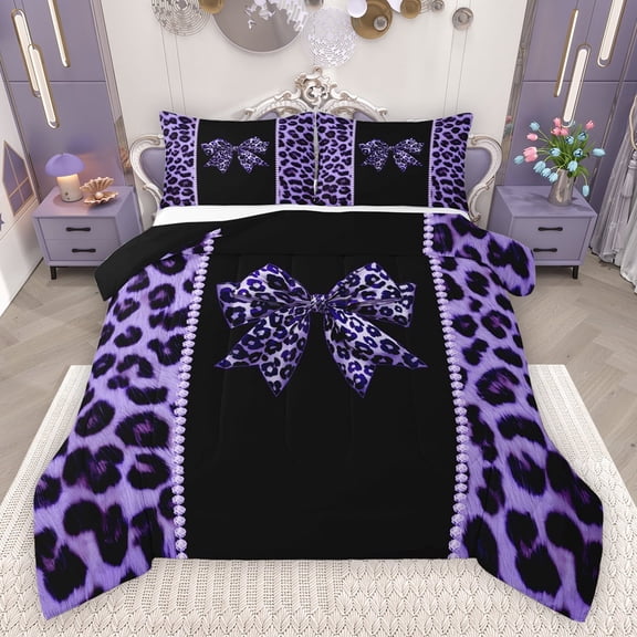 Feelyou Chic Purple Bow-tie Bedding Comforter Set for Kids, Modern Cheetah Print Twin Comforter Sets, Fashion Bling Diamond Reversible Bedding Set, Lightweight Room Decor, 2pcs