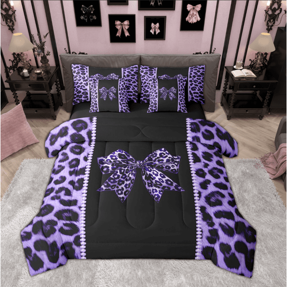 Feelyou Chic Purple Bow-tie Twin Bedding Sets 7-Piece for Kids, Modern Cheetah Print Bedding Comforter Set, Fashion Bling Diamond Reversible Sheet Sets, Lightweight Room Decor