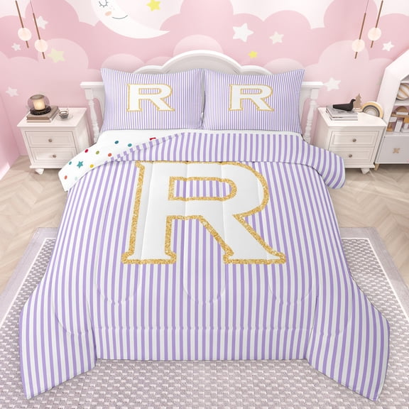 Feelyou Chic Purple Stripes Bedding Comforter Set for Child, Dreamy Initial R Letter Twin Comforter Sets, Kawaii Cartoon Theme Reversible Bedding Set, Ultra Soft Bedroom Decor, 2pcs