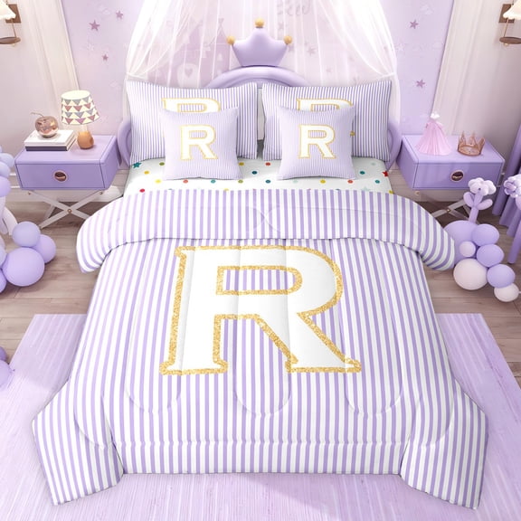 Feelyou Chic Purple Stripes Twin Bedding Sets 7-Piece for Child, Dreamy Initial R Letter Bedding Comforter Set, Kawaii Cartoon Theme Reversible Sheet Sets, Ultra Soft Bedroom Decor