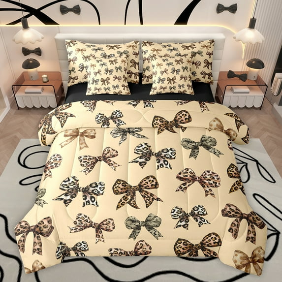 Feelyou Chic Ribbon Teens Bedding Comforter Set 7pcs, Fashion Leopard Print Bowknot Queen Bedding Sets, Kawaii Cartoon Bow-tie Reversible Queen Sheet Sets, Ultra Soft Bedroom Decor