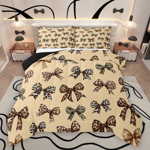 Feelyou Chic Ribbon Teens Bedding Comforter Set, Fashion Leopard Print Bowknot Twin Comforter Sets, Kawaii Cartoon Bow-tie Reversible Bedding Set, Ultra Soft Bedroom Decor, 2pcs