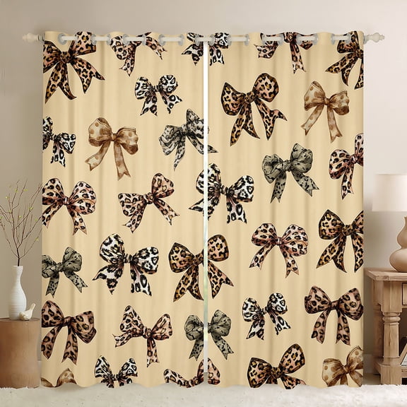 Feelyou Chic Ribbon Teens Black Out Curtains, Fashion Leopard Print Bowknot Curtains Pack of 2 (42x63 Each), Kawaii Cartoon Bow-tie Bedroom Curtains, Living Room Curtains Decor
