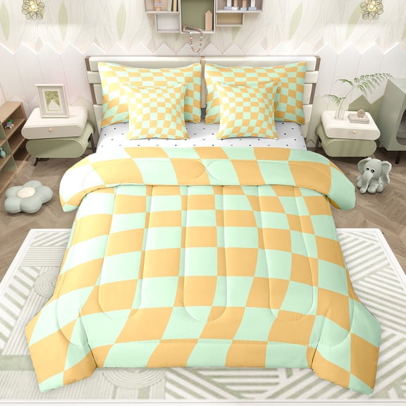 Feelyou Chic Square Abstract Bedding Comforter Set 7pcs for Kids, Green Orange Plaid Queen Bedding Sets, Pixelated Blocks Miners Reversible Queen Sheet Sets, Luxury Bedroom Decor
