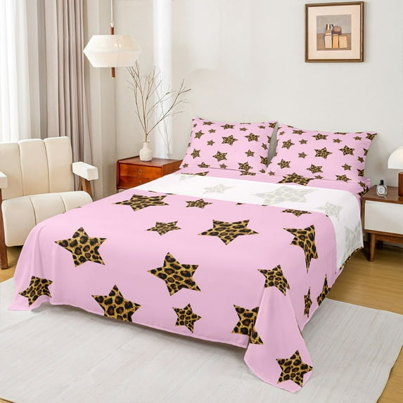 Feelyou Chic Stars Kids Twin Sheet Sets, Cheetah Leopard Print Bedding, 3pcs