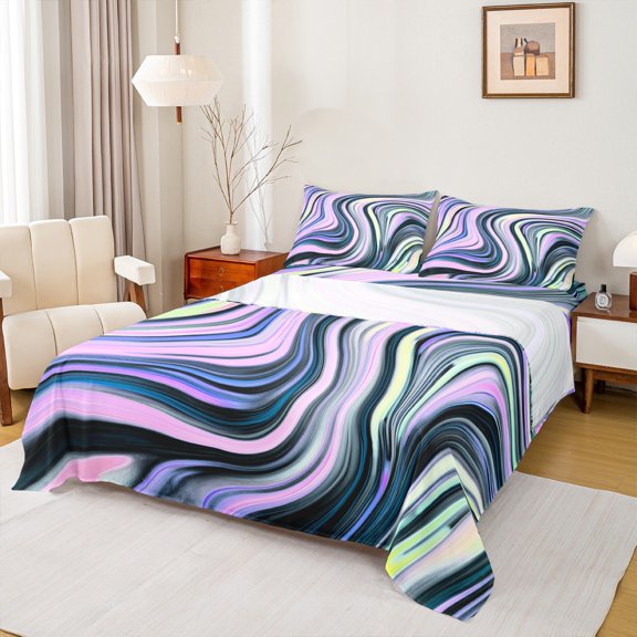 Feelyou Chic Stripes Abstract Twin Sheet Sets for Adult, Navy Plum Marble Line Twin Fitted Sheet, Art Watercolor Flat Sheet, Breathable Home Decor, 3-Piece