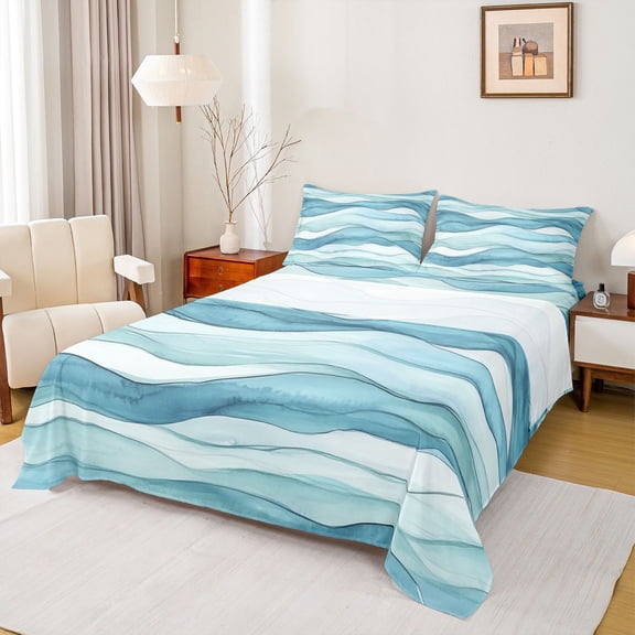 Feelyou Chic Stripes Ombre Bed Sheets for Teens, Fashion Stripe Waves King Sheets, Blue Watercolor Art Sheet Set, Ultra Soft Bedroom Decor, 4-Piece